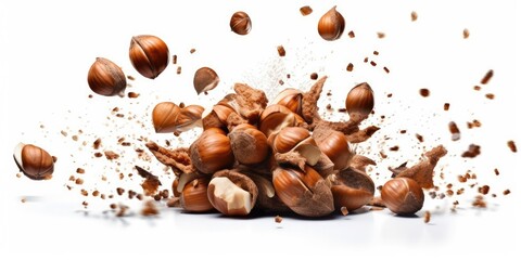 hazelnuts explosion on isolated white background, pieces and splinters flying