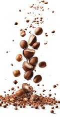 Obraz premium hazelnuts flyining splash, hazelnut explosion, swirl movement for a dynamic shot, isolated on white