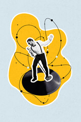 Vertical collage image of mini black white gamma classy man sing microphone stand huge vinyl record...