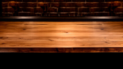 Empty wooden counter table top in a coffee shop or bar for product display. Generative ai