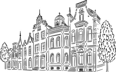 An old building drawn in perspective. Linear illustration.