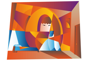 Obraz premium Depressed teenager closed in room like eggshell with smartphone, Hikikomori Syndrome Disease vector illustration