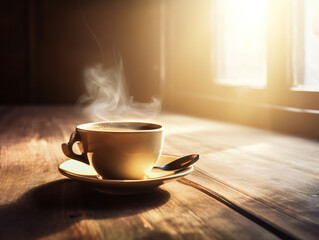 steaming coffee cup in morning light, cozy wooden table setting, breakfast scene, generative AI - obrazy, fototapety, plakaty