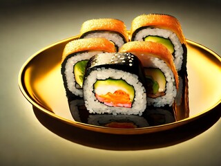 a plate of assorted sushi on a table vivid colors vibrant colors Generative AI 
