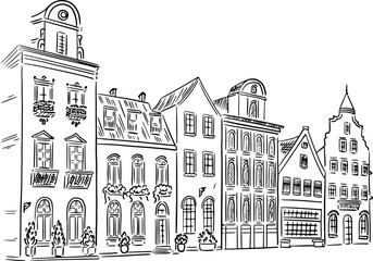 An old building drawn in perspective. Linear illustration.