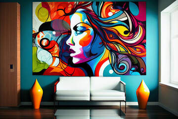 Stylish interior with beautiful woman's face on the wall. Vivid colors. Mural
