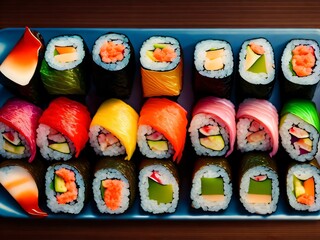 a plate of assorted sushi on a table vivid colors vibrant colors Generative AI 
