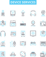 Device services vector line icons set. Device, Services, Repair, Network, Computer, Maintenance, Diagnostics illustration outline concept symbols and signs