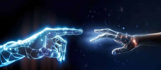 fusion of technology and humanity with a cyborg finger to touch a human finger, representing AI, machine learning and intersection of science and innovation. A modern take on The Creation of Adam. - 583829918