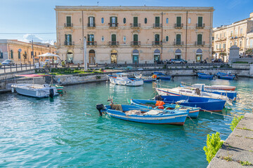 Fototapeta na wymiar The harbor on the Island of Ortigia Syracuse Sicily