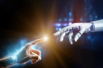 merging of technology and humanity: cyborg finger touching human finger. Symbolizes AI machine learning and big data connection network in intersection of science, innovation, futuristic possibilities
