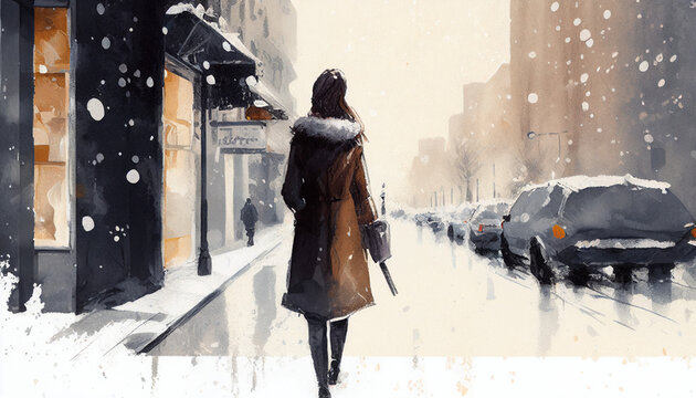 Ephemeral memory of winter - Girl walking street in the morning at Snowy day - water color/anime style illustration with Generative AI Technology