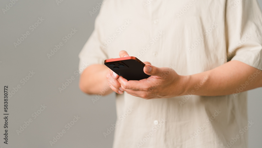 Poster Man viewing website social network connecting with wifi in home by mobile phone. Male hands holding a smartphone model touching sensor screen to browse internet. Concept of Virtual communication.