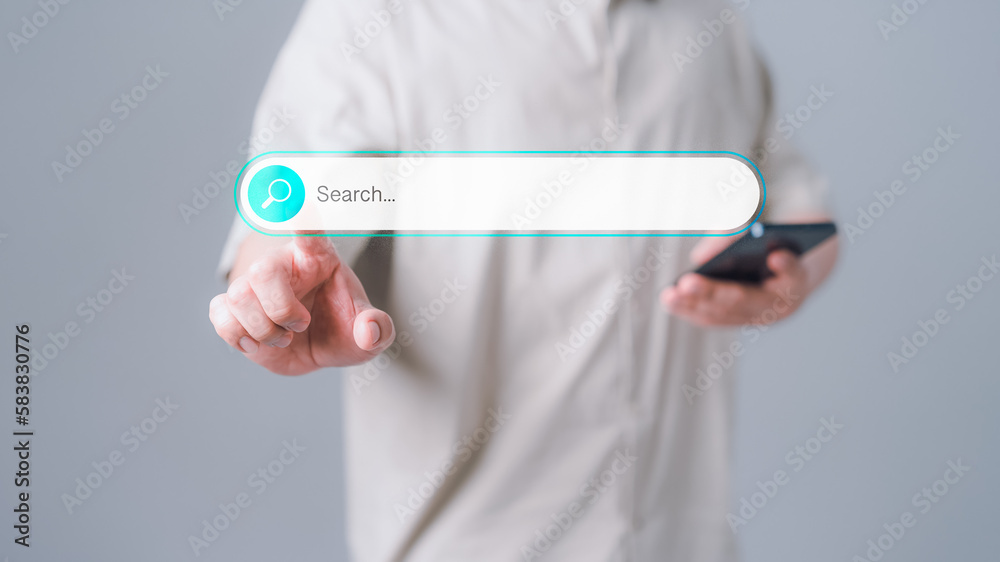 Poster Information Search Technology SEO Search Engine Optimization. Search button on virtual screen pressed with finger for data and information. Using Search Console with your website. Web search concept.