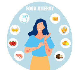 Vector of a woman having a food allergy symptoms, skin rash - obrazy, fototapety, plakaty