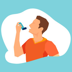 Vector of a man with asthma using an inhaler to relieve attack. - obrazy, fototapety, plakaty