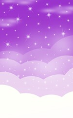 Vertical banner with clouds and shining stars on purple sky