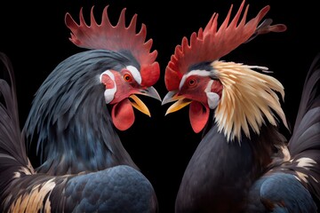 two fighting roosters peck each other's head in cockfights, created with generative ai - obrazy, fototapety, plakaty