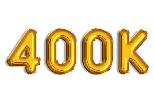 400 or four hundred. Banner, realistic 3d gold helium balloons, logo. Numbers isolated on white. Lettering. Graphic font, shiny text. Illustration for Social Network friends, followers, likes.