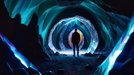  silhouette of man in round magical portal deep in mystical crytal cave with luminsecent glowing light, generative AI - obrazy, fototapety, plakaty