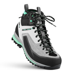 New sports hiking boot with shoelaces bow stands on the tip isolated on transparent background.