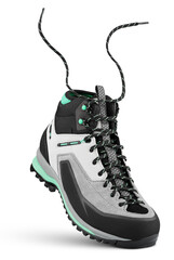New sports hiking boot with flying laces stands on the tip isolated on transparent background © Roman Samokhin