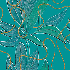 Textured flowers 3d seamless pattern with golden ropes. Floral embossed tropical background. Colorful modern backdrop. Emboss grunge flowers, leaves. Hand drawn surface tropical plants ornament