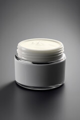 Modern beauty product beauty cream for skin care and moisturizing anti-aging cream jar top close up view on gray background, health and beauty concept. Copy space, template. Generative AI.