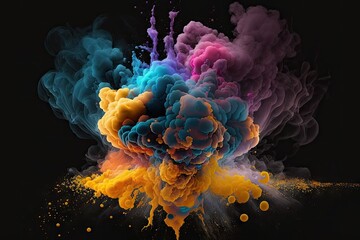 abstract toxic gas polluting environment with colorful fume explosion on black background, created with generative ai
