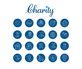 Volunteering and charity icons for fundraising events. Volunteer icon set for charity events