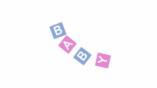 Animated baby word on cubes. Construction toy for kids. Creative building. Flat cartoon style icon 4K video footage. Color isolated object animation on white background with alpha channel transparency