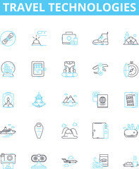 Travel technologies vector line icons set. Mobile, Apps, AI, Voice, Augmented, Reality, Tracking illustration outline concept symbols and signs