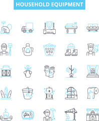 Household equipment vector line icons set. Furniture, Appliances, Utensils, Dishes, Cutlery, Vacuum, Blender illustration outline concept symbols and signs