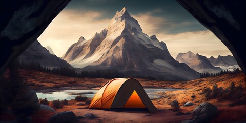 A camping tent in a nature hiking spot, Relaxing during a Hike in mountain, next to lake river - Generative AI