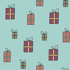 
A seamless retro pattern with gift boxes on a turquoise background.