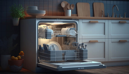 Open dishwasher with clean dishes inside in kitchen. Generative Ai.