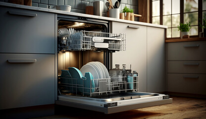Open dishwasher with clean dishes inside in kitchen. Generative Ai.
