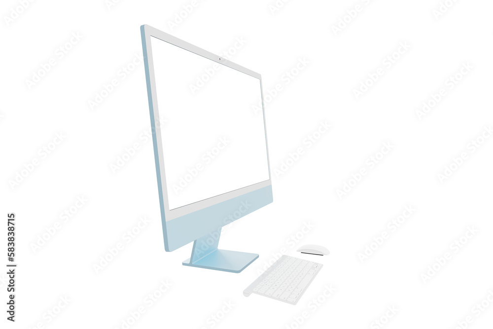 Aufkleber Blue display mockup isolated, transparent with keyboard and mouse beside. Side view