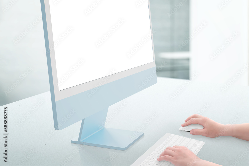 Poster Work on computer with isoalted screen for design presentation, mockup. Hands hold the mouse and type on the keyboard. Clean office desk. Close-up