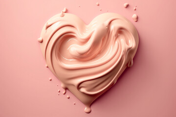 Cosmetic pink heart-shaped face base, liquid spray fluid with bottle pattern on beige background, facial cosmetics presentation on runway, space for text, space for copy. Generative AI.