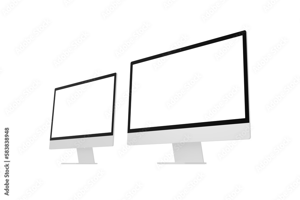 Poster Two modern computer displays isolated, transparent for app or web page promotion. Isolated screen for design showcase