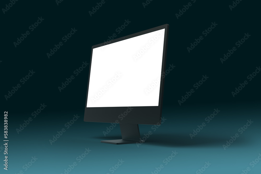 Poster Computer display mockup on dark green surface. Isolated screen for app, web page presentation. Side view