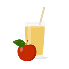 Glasses with fresh delicious apple juice in glass and straw on white background