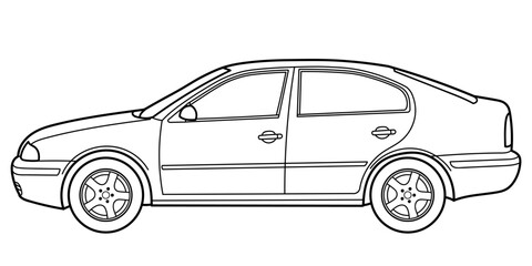 Classic sedan car. 4 door car on white background. Side view shot. Outline doodle vector illustration