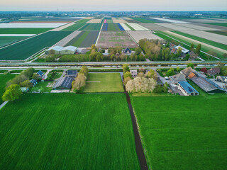 Aerial drone view of typical Dutch fields and polders