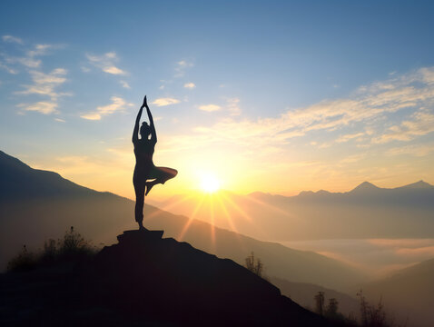 sunrise yoga session silhouette, breathtaking mountain panorama, harmony with nature, generative AI