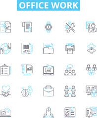 Office work vector line icons set. Office, Work, Documents, Communication, Meetings, Technology, Analysis illustration outline concept symbols and signs