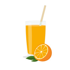 Glasses with fresh delicious orange juice in glass and straw on white background