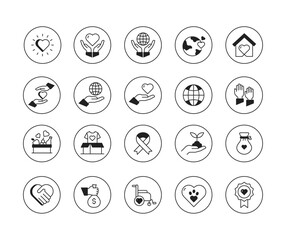 Volunteer icon pack for charity organizations. Charity volunteer icon set for non-profits. 