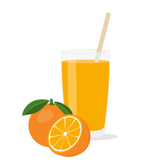 Glasses with fresh delicious orange juice in glass and straw on white background